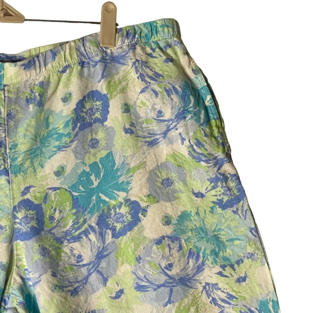 J. Jill Women 100%‎ Linen Green Blue Floral Cropped Pockets Pants Sz Large